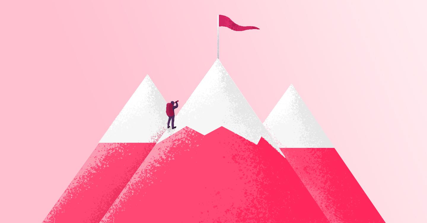 illustration showing a person climbing a mountain peak